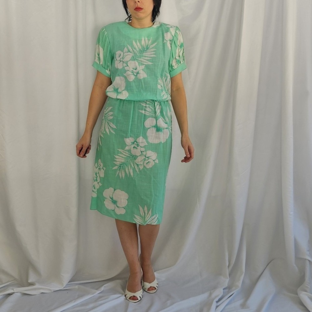 80s Green and White‎ Tropical Floral Midi Dress